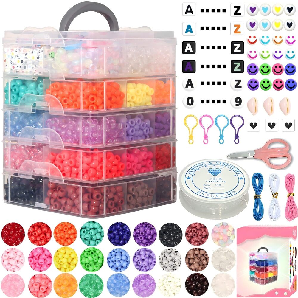 6204 6500Pcs Pony Beads for Bracelets Making, Multi-Colored Rainbow Plastic